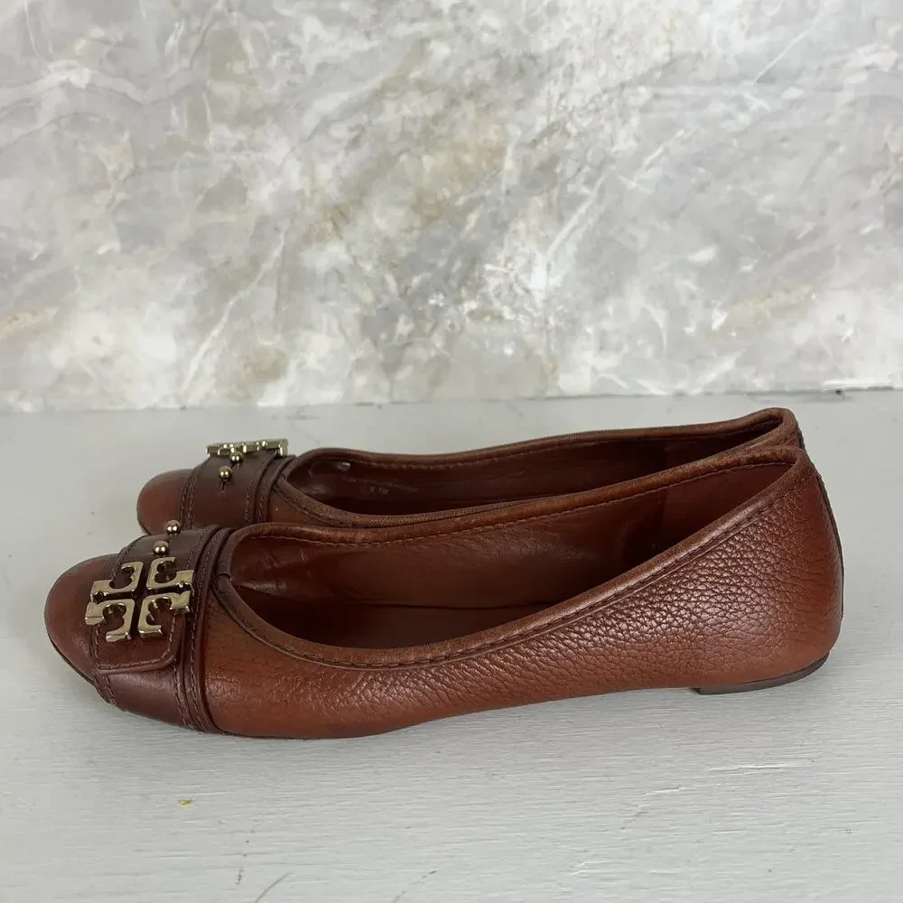 Tory Burch Brown Pebbled Leather Gold Reva Buckle Elina Ballet Flats Size 7M
